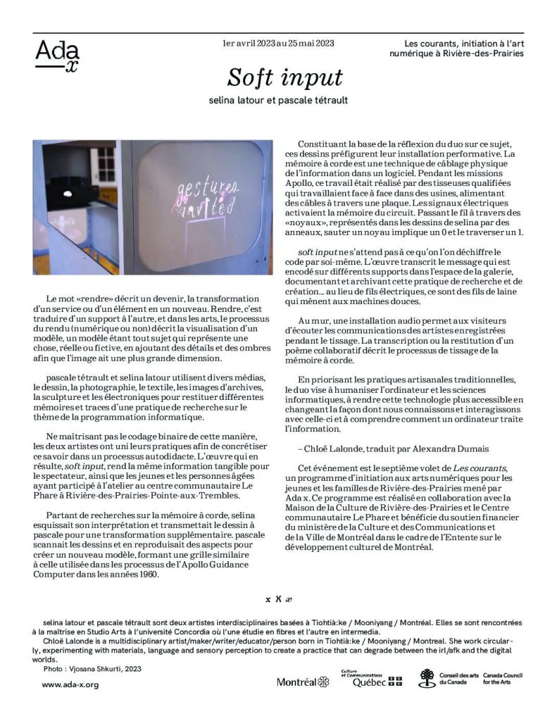 Vignette du document PDF « Soft input - selina latour and pascale tétrault, by Chloë Lalonde »